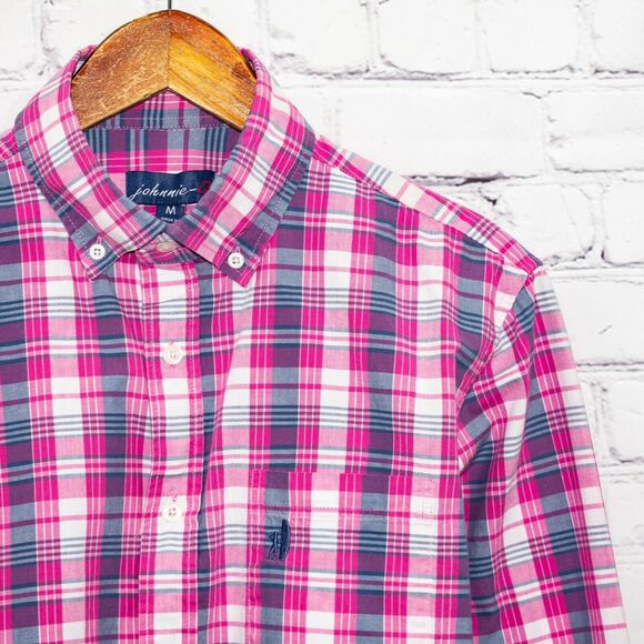 Johnnie-O Medium Pink Button Down Shirt Surfer Logo Plaid - Picture 3 of 6